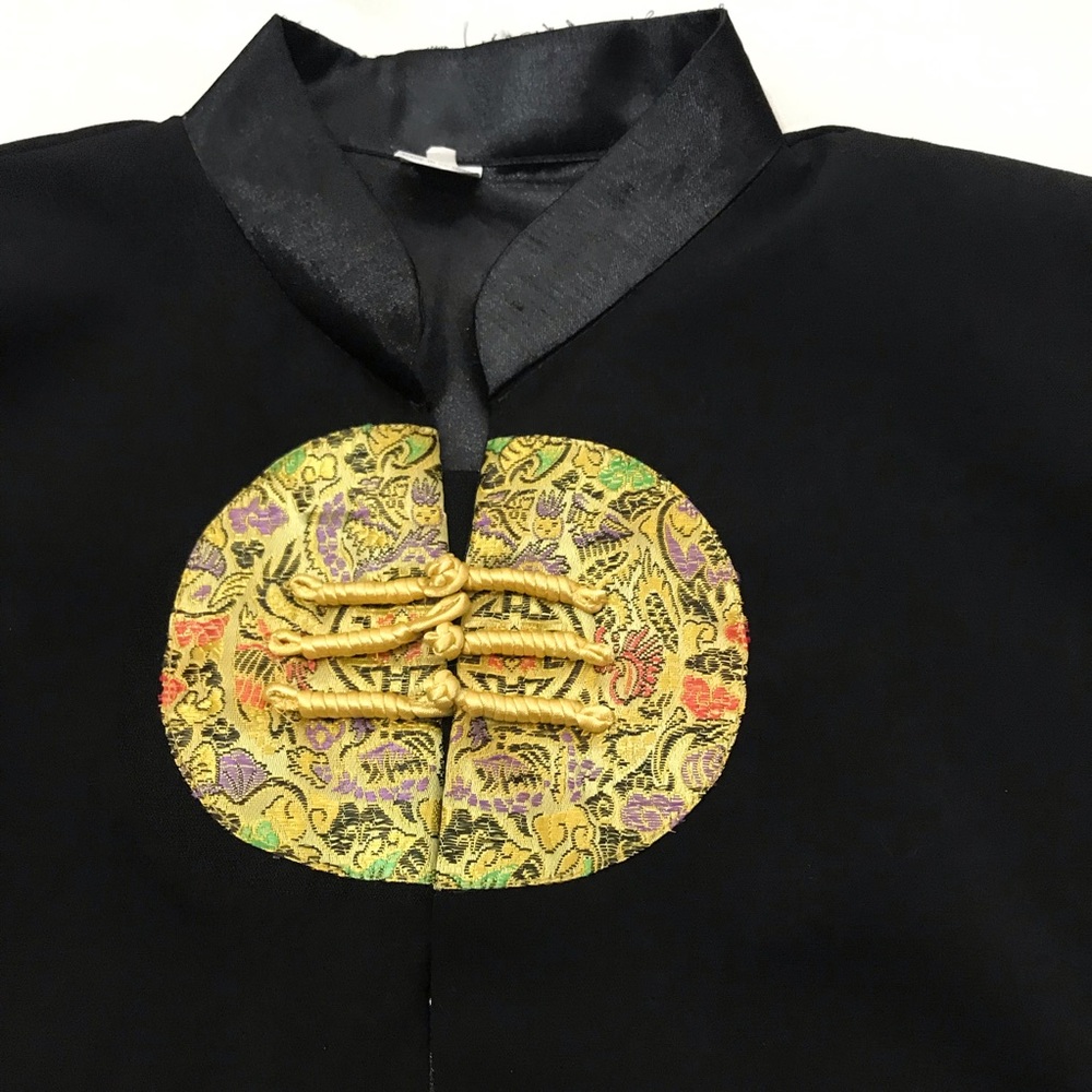 Vintage Women’s Large 100% Silk Black Brocade Trim Jacket Knot Closures - Picture 6 of 10